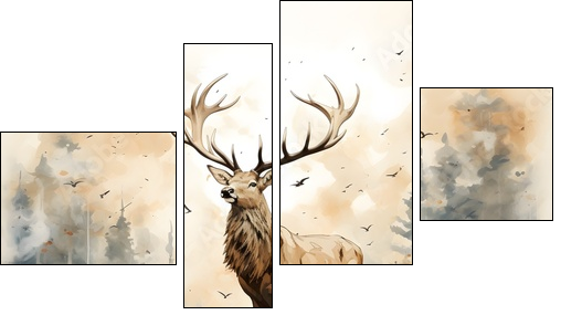 Masterful Brushstrokes: Juxtaposed Elk Painting in Minimalist Nature Study - Vierteiliges Leinwandbild, Viertychon