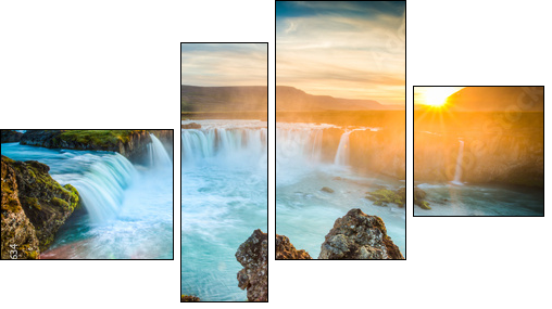 Iceland, Godafoss at sunset, beautiful waterfall, long exposure - Vierteiliges Leinwandbild, Viertychon