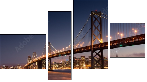 Dusk over San Francisco-Oakland Bay Bridge and San Francisco Skyline. Yerba Buena Island, San Francisco, California, USA. - Vierteiliges Leinwandbild, Viertychon
