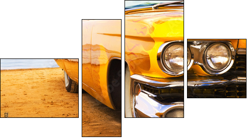 Classic yellow flame painted Cadillac at beach - Vierteiliges Leinwandbild, Viertychon