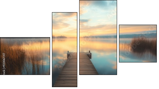 Serene lakeside landscape with a wooden dock, calm waters, and a pastel-colored sky, ideal for peaceful retreat themes - Vierteiliges Leinwandbild, Viertychon