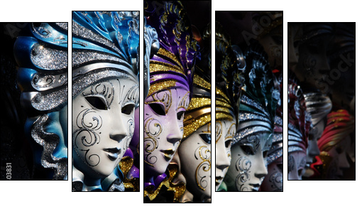 Row of venetian masks in gold and blue - Fünfteiliges Leinwandbild, Pentaptychon