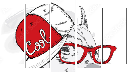 Pitbull in cap and headphones. Dog vector. Cool dog. - Fünfteiliges Leinwandbild, Pentaptychon