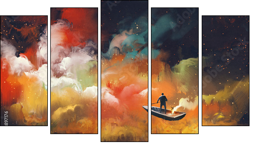 man on a boat in the outer space with colorful cloud,illustration - Fünfteiliges Leinwandbild, Pentaptychon