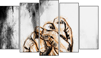 fist drawing, pencil sketch on paper, Color effect. - Fünfteiliges Leinwandbild, Pentaptychon