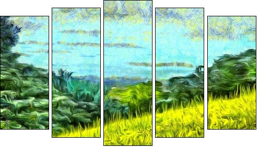 grass filled hillside against a background of trees and a blue sky - Fünfteiliges Leinwandbild, Pentaptychon