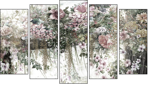 Abstract flowers watercolor painting. Spring multicolored flowers - Fünfteiliges Leinwandbild, Pentaptychon
