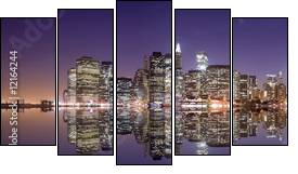 New York skyline and reflection at night - Fünfteiliges Leinwandbild, Pentaptychon