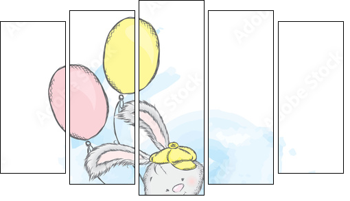 Honey Bunny in a car. Vector illustration for a card or poster. Print on clothes. Charming hare. - Fünfteiliges Leinwandbild, Pentaptychon