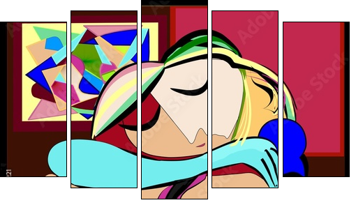 sfondo astratto colorato , ispirato a picasso , donna riposa - Fünfteiliges Leinwandbild, Pentaptychon