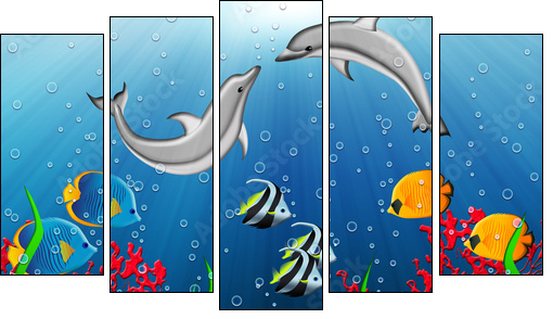 Underwater world with dolphins and tropical fishes - Fünfteiliges Leinwandbild, Pentaptychon
