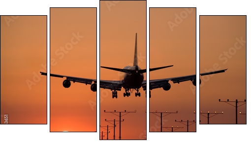 sunset jet landing 3 - Fünfteiliges Leinwandbild, Pentaptychon