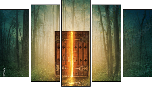 Glowing door in forest - Fünfteiliges Leinwandbild, Pentaptychon