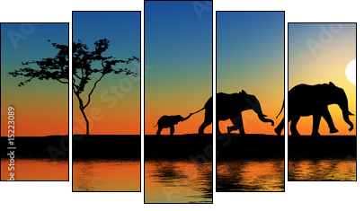 Family of elephants. - Fünfteiliges Leinwandbild, Pentaptychon
