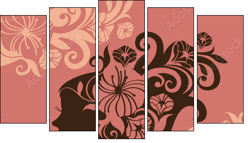 Beautiful woman silhouette with a flowers - Fünfteiliges Leinwandbild, Pentaptychon