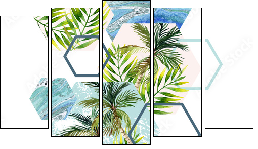 Watercolor tropical leaves and palm trees in geometric shapes seamless pattern - Fünfteiliges Leinwandbild, Pentaptychon