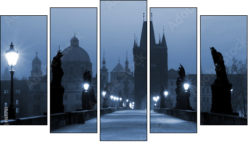 charles bridge, (blue) prague - Fünfteiliges Leinwandbild, Pentaptychon