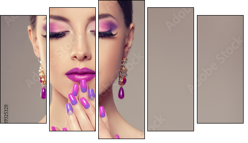 Beautiful girl model with fashion violet make-up and purple design manicure on nails . Jewelry and cosmetics , large violet earrings - Fünfteiliges Leinwandbild, Pentaptychon