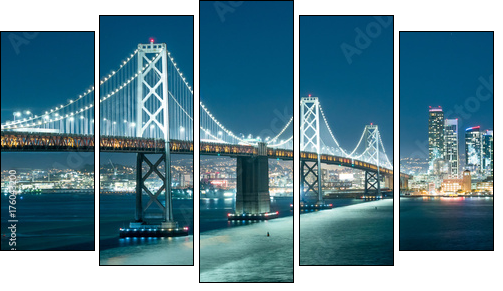 Oakland Bay Bridge and the city light at night. - Fünfteiliges Leinwandbild, Pentaptychon