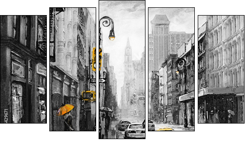 oil painting on canvas, street view of New York, man and woman, yellow taxi,  modern Artwork,  American city, illustration New York - Fünfteiliges Leinwandbild, Pentaptychon