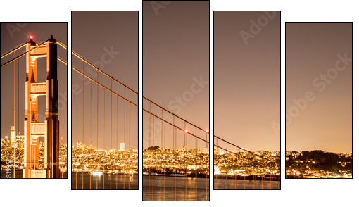 Golden gate bridge at night. Long shutter speed. San Francisco - Fünfteiliges Leinwandbild, Pentaptychon