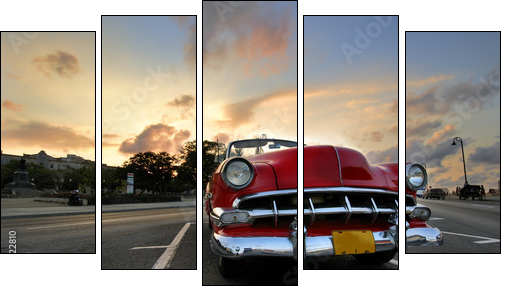 Red car in Havana sunset - Fünfteiliges Leinwandbild, Pentaptychon