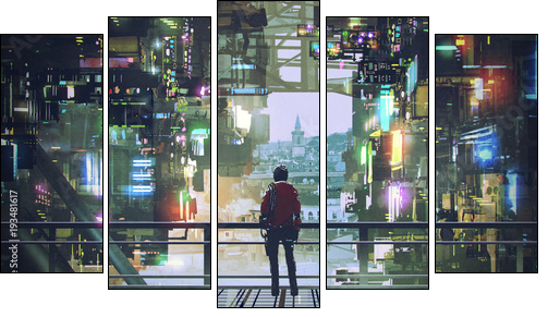 man standing on balcony looking at futuristic city with colorful light, digital art style, illustration painting - Fünfteiliges Leinwandbild, Pentaptychon