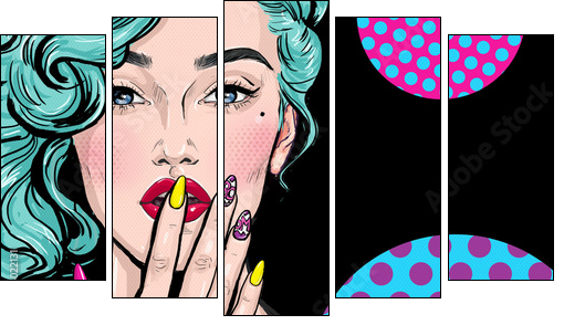 Pop Art illustration of girl with hand.Pop Art girl. Comic woman with speech bubble.Sexy girl. Nails. Lipstick and nail-varnish advertisement. model, 1990s, pop, naive, head, party, face, omg, art,wow - Fünfteiliges Leinwandbild, Pentaptychon
