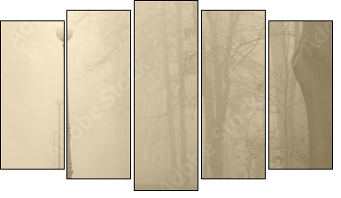 red bench in the fog - Fünfteiliges Leinwandbild, Pentaptychon