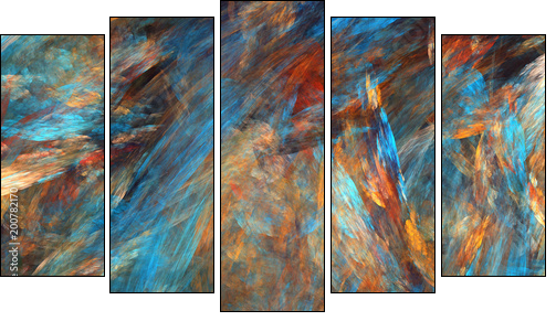 Abstract painted texture. Chaotic blue, orange and red strokes. Fractal background. Fantasy digital art. 3D rendering. - Fünfteiliges Leinwandbild, Pentaptychon