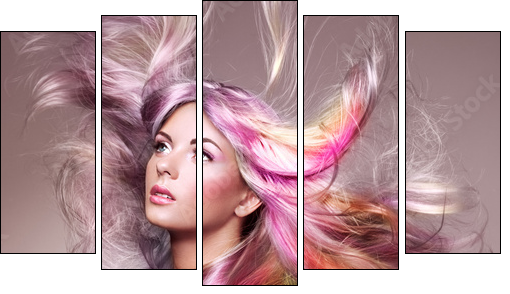 Beauty Fashion Model Girl with Colorful Dyed Hair. Girl with perfect Makeup and Hairstyle. Model with perfect Healthy Dyed Hair. Rainbow Hairstyles - Fünfteiliges Leinwandbild, Pentaptychon