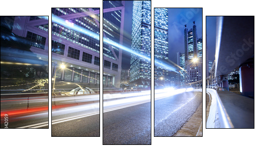Fast moving cars lights blurred over modern city background - Fünfteiliges Leinwandbild, Pentaptychon