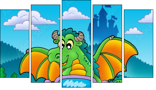 Green dragon driving car - Fünfteiliges Leinwandbild, Pentaptychon