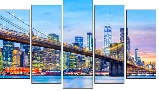 Brooklyn Bridge and the Lower Manhattan skyline at dusk - Fünfteiliges Leinwandbild, Pentaptychon