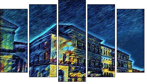 Ponte di mezzo in Pisa, Italy. Old houses at embankment. Italian bridge. Big size oil painting fine art in Vincent Van Gogh style. Modern impressionism drawn. Creative artistic print or poster. - Fünfteiliges Leinwandbild, Pentaptychon