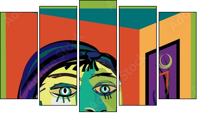 Colorful abstract background, inspired by Picasso, thinking woman - Fünfteiliges Leinwandbild, Pentaptychon