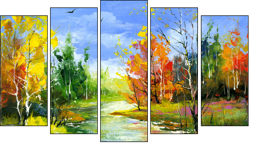 Autumn landscape with the wood river - Fünfteiliges Leinwandbild, Pentaptychon
