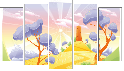 Landscape with tower. Funny cartoon and vector illustration. - Fünfteiliges Leinwandbild, Pentaptychon