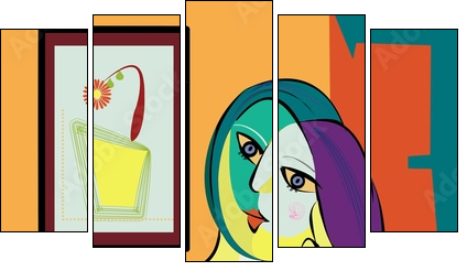 Colorful abstract background, cubism art style, portrait of woman sitting - Fünfteiliges Leinwandbild, Pentaptychon