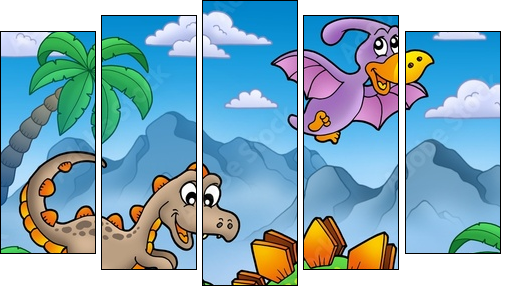 Landscape with dinosaurs 2 - Fünfteiliges Leinwandbild, Pentaptychon