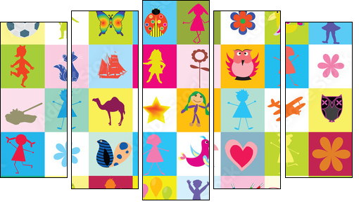 Pattern with toys and kids for kindergarten - Fünfteiliges Leinwandbild, Pentaptychon