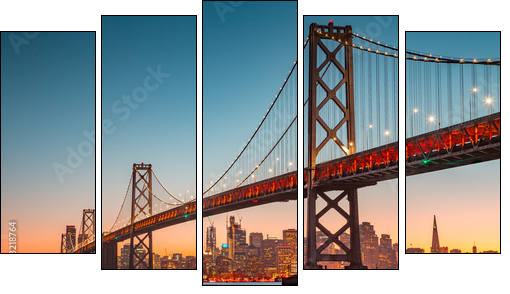 San Francisco skyline with Oakland Bay Bridge at sunset, California, USA - Fünfteiliges Leinwandbild, Pentaptychon
