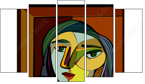 Colorful abstract background, cubism art style, thinking woman - Fünfteiliges Leinwandbild, Pentaptychon