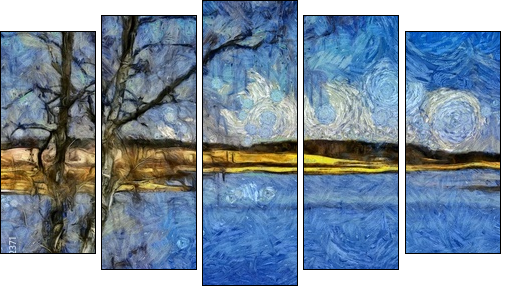 Incredible beauty of nature landscape. Spring season. Impressionism oil painting in Vincent Van Gogh modern style. Creative artistic print for canvas or textile. Wallpaper, poster or postcard design. - Fünfteiliges Leinwandbild, Pentaptychon