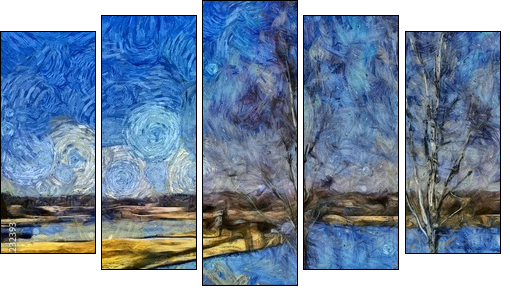 Incredible beauty of nature landscape. Spring season. Impressionism oil painting in Vincent Van Gogh modern style. Creative artistic print for canvas or textile. Wallpaper, poster or postcard design. - Fünfteiliges Leinwandbild, Pentaptychon