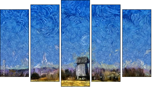 Nature landscape and old historical mill in village. Impressionism oil painting in Vincent Van Gogh modern style. Creative artistic print for canvas or textile. Wallpaper, poster or postcard design. - Fünfteiliges Leinwandbild, Pentaptychon