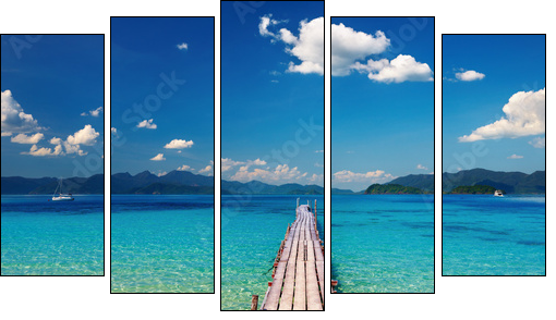 Wooden pier in tropical paradise - Fünfteiliges Leinwandbild, Pentaptychon