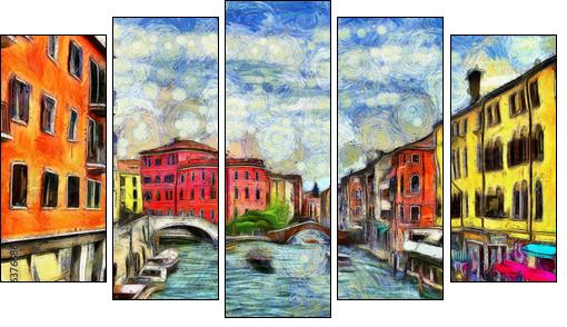 Venetian canal with moving boats, digital imitation of Van Gogh painting style - Fünfteiliges Leinwandbild, Pentaptychon