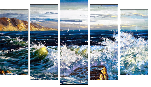 Storm waves on seacoast - Fünfteiliges Leinwandbild, Pentaptychon