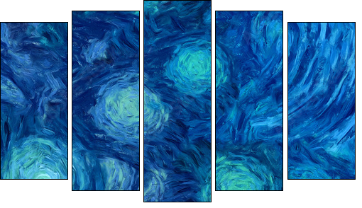 Impressionism wall art print. Vincent Van Gogh style oil painting. Swirl splashes. Surrealism artwork. Abstract artistic background. Real brush strokes on canvas. - Fünfteiliges Leinwandbild, Pentaptychon